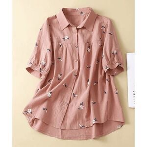 Floral Blooming Pink Floral Button-Up Blouse Hi-Low Hem Short Sleeve M